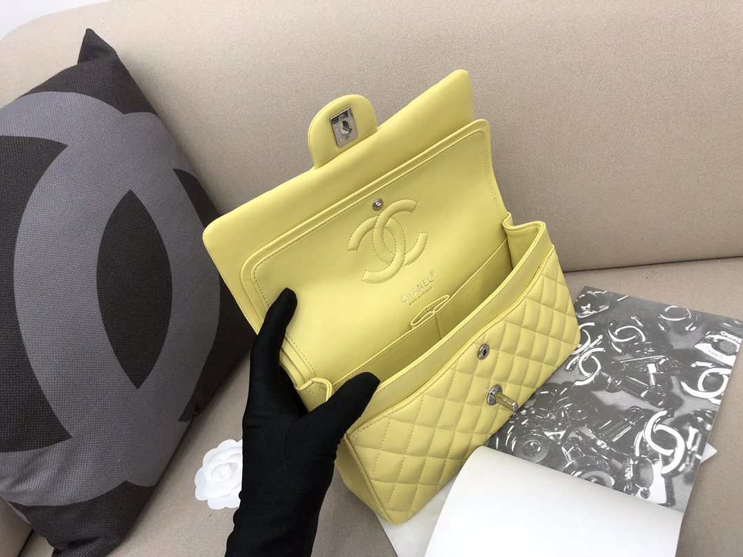 Medium Classic Flap Lambskin Bag AO1112 Yellow/Silver